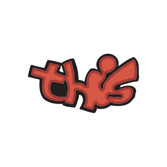 Graffiti sticker with red and black stylized letters and heart accents