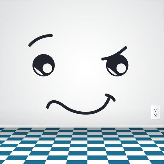 Vinyl wall decal of a smiling face with wide cartoon eyes, black design