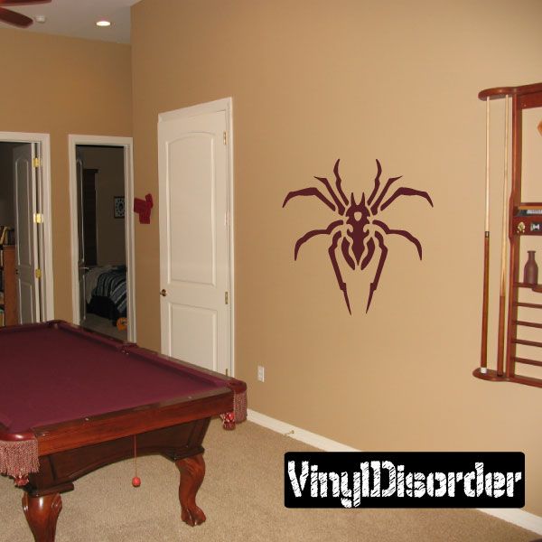 Threatening spider wall decal, dark maroon outline with detailed legs and fangs