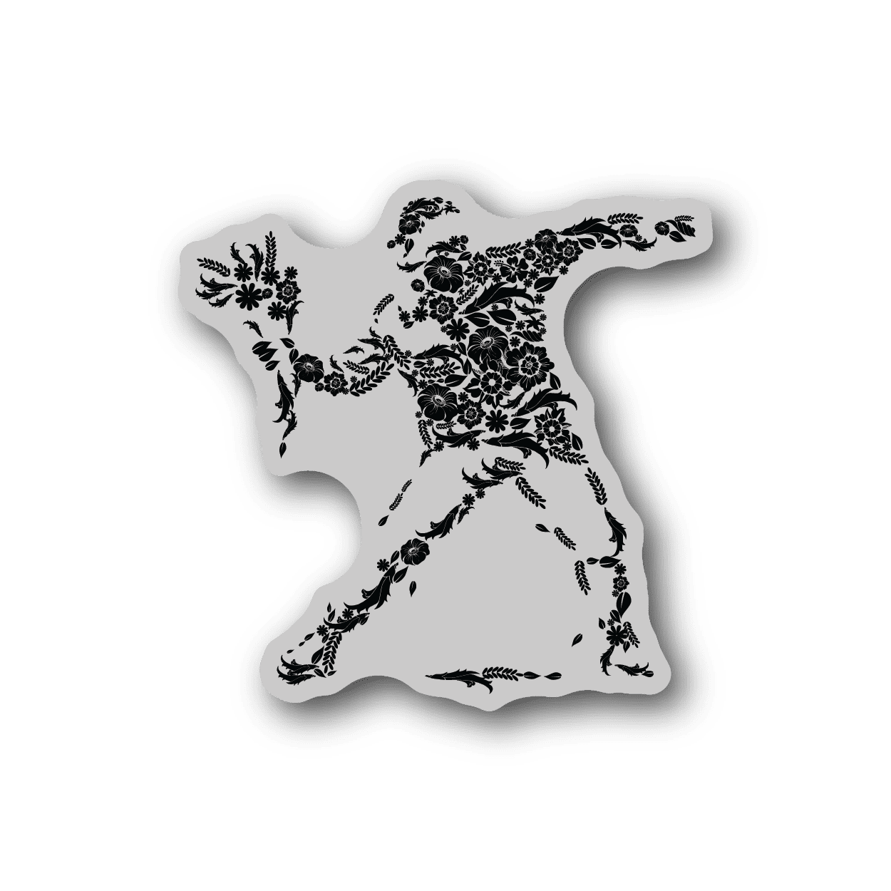 Vinyl sticker with white backing and black floral silhouette thrower