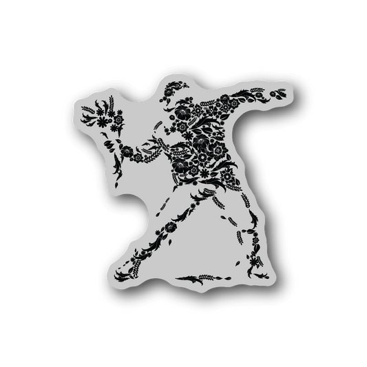 Vinyl sticker with white backing and black floral silhouette thrower