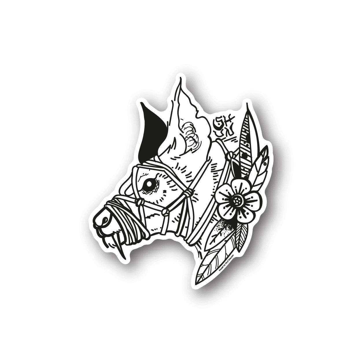 Bat vinyl sticker with intricate line-art design, white on dark background