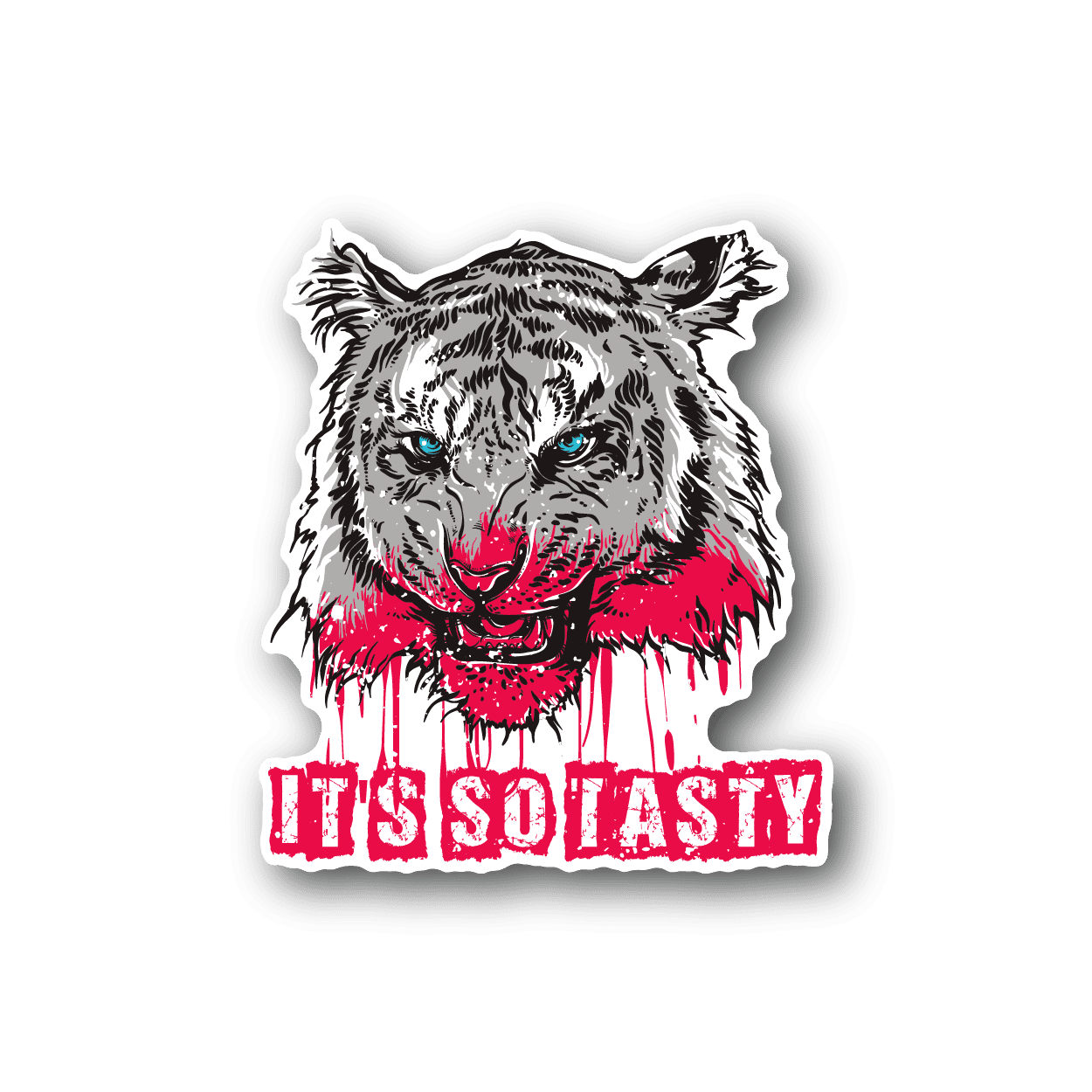 Tiger head vinyl sticker with red splash graphic and bold text