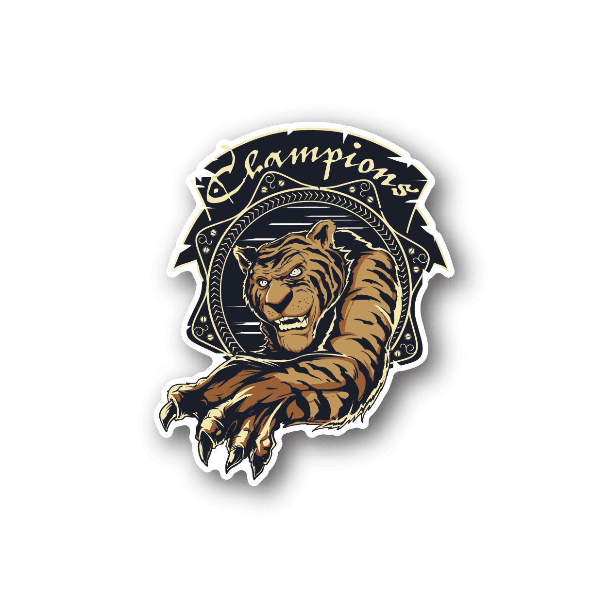 Tiger Champions vinyl sticker with roaring tiger mascot inside oval crest
