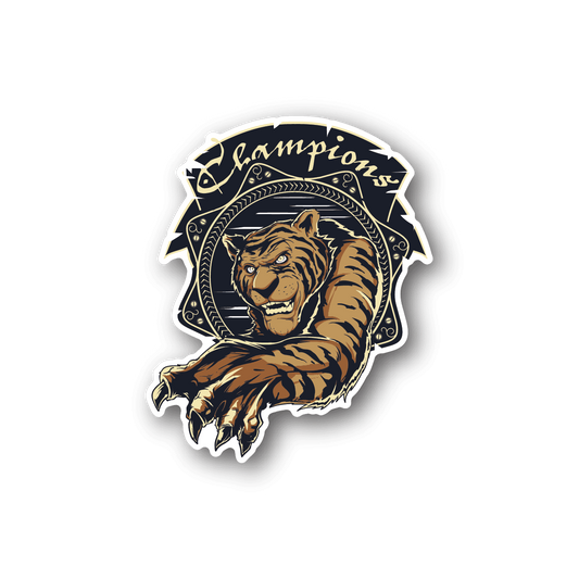 Tiger Champions vinyl sticker with roaring tiger mascot inside oval crest