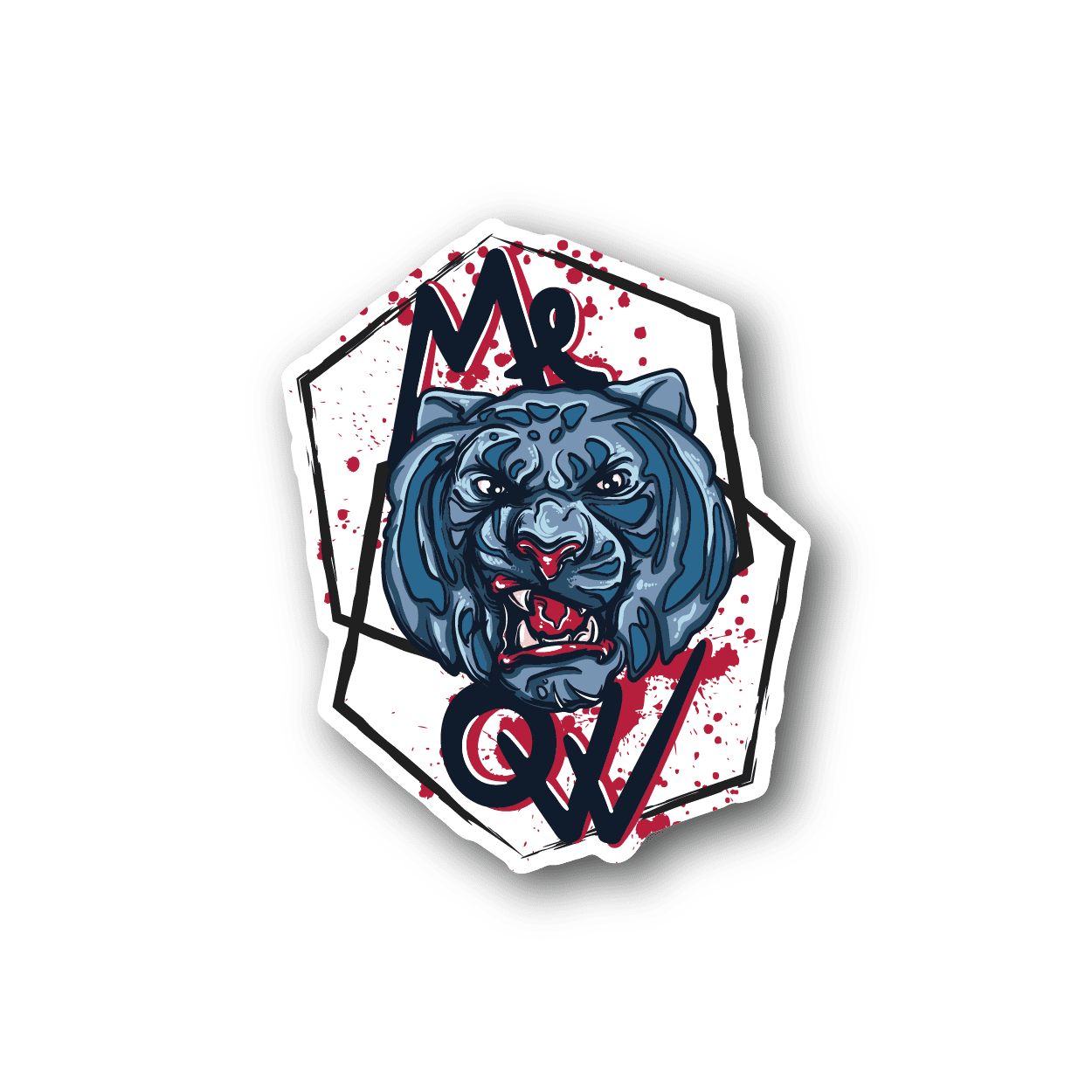 Tiger vinyl sticker with blue roaring cat face inside a white hex badge