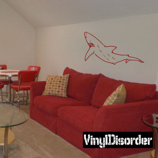 Tiger shark decal with red outline, lying profile