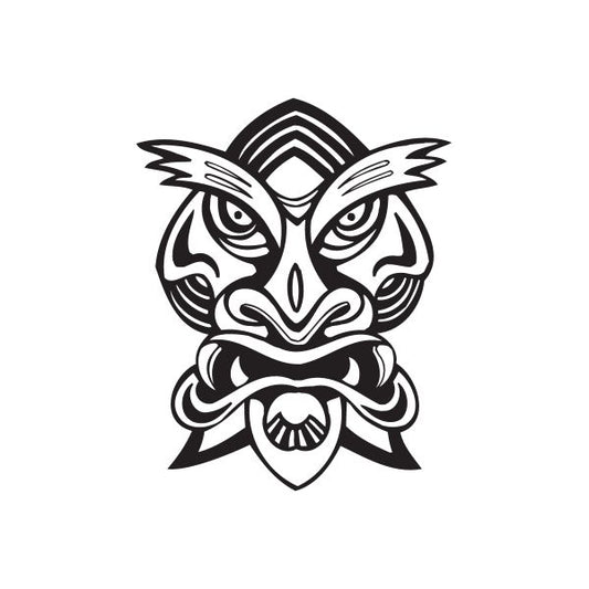 Tiger tiki decal in black and white, stylized face with ornaments