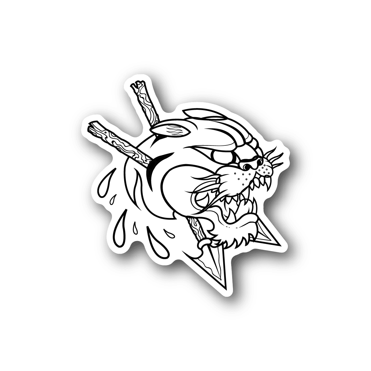 Vinyl sticker of a white-outlined tiger with arrows and flame-like shapes