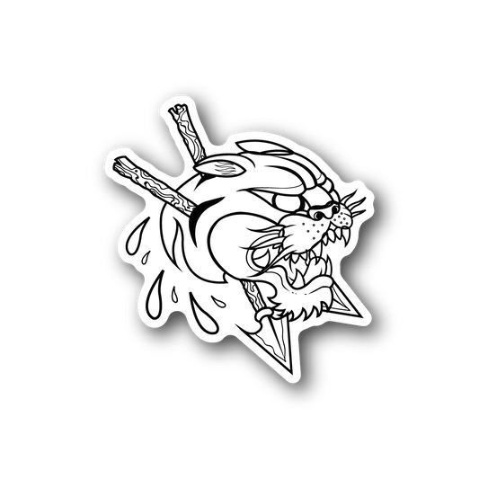 Vinyl sticker of a white-outlined tiger with arrows and flame-like shapes