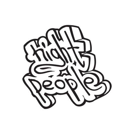 Graffiti decal with layered bold text and icons, black outline on white fill