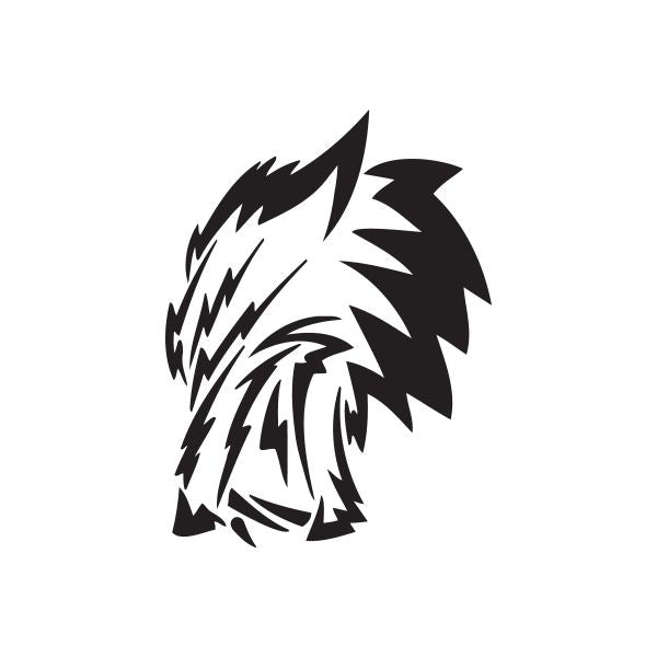 Snarling wolf head decal, tilted view in black and white