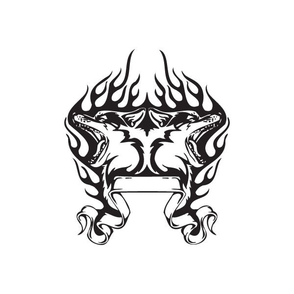 Wolf head and flame decal with bold black-and-white flame details