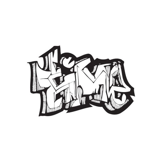 Graffiti-style time decal, black with white highlights