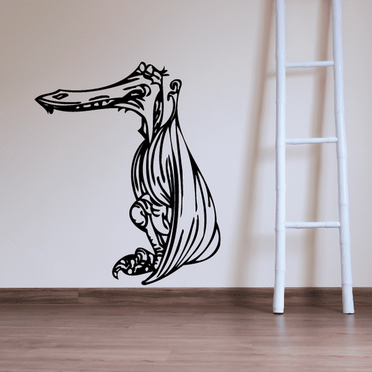 Black pterodactyl decal with cartoon face and wings, distressed line art