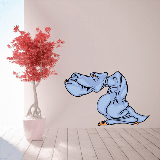Cartoon tired T-rex dinosaur sticker, blue with yellow eyes and beak.