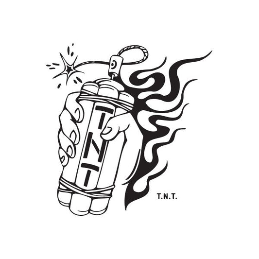 Black TNT spray paint can decal with flame graphic and small T.N.T. text