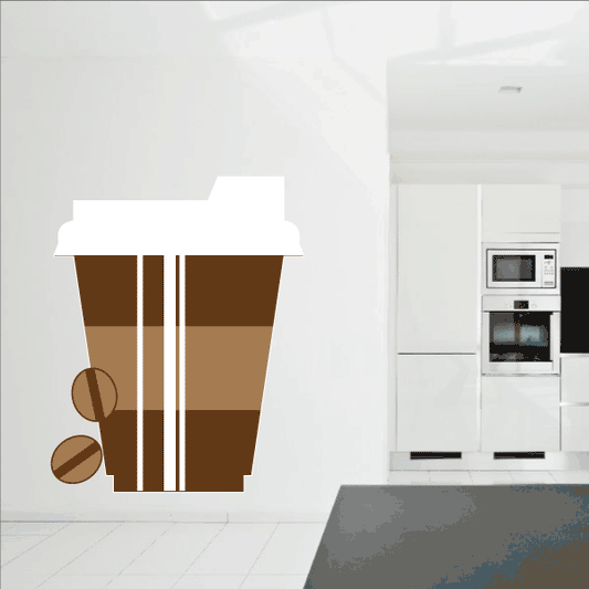 To go coffee cup sticker with brown striped cup and coffee bean icons