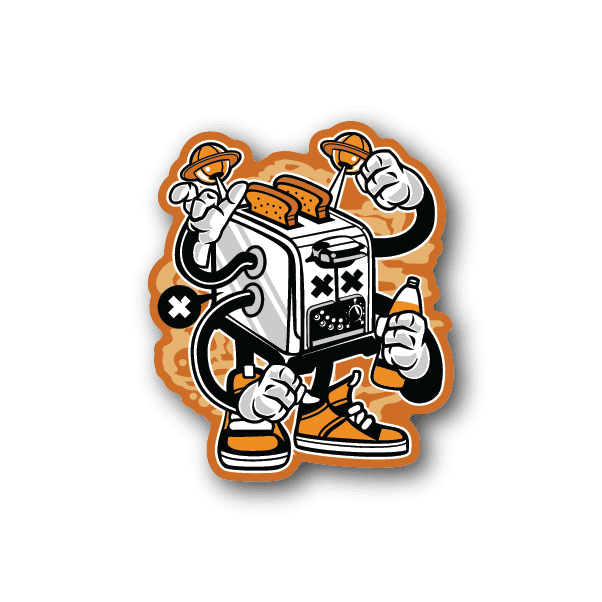 Vinyl sticker of orange-and-white toaster gangster mascot holding a boombox and pointing