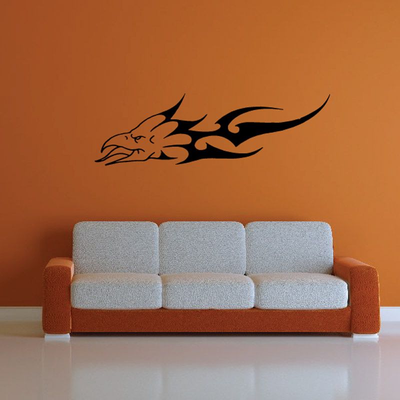 Tongue-out fire eagle head wall decal with black outline, open mouth and flames