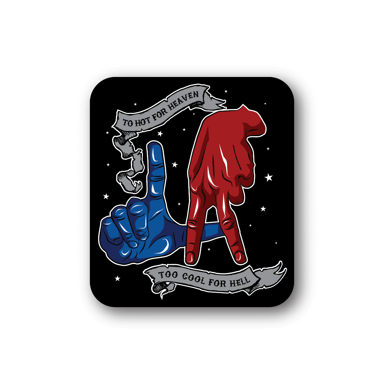 Vinyl sticker with red and blue cartoon hands, ribbon text, star accents
