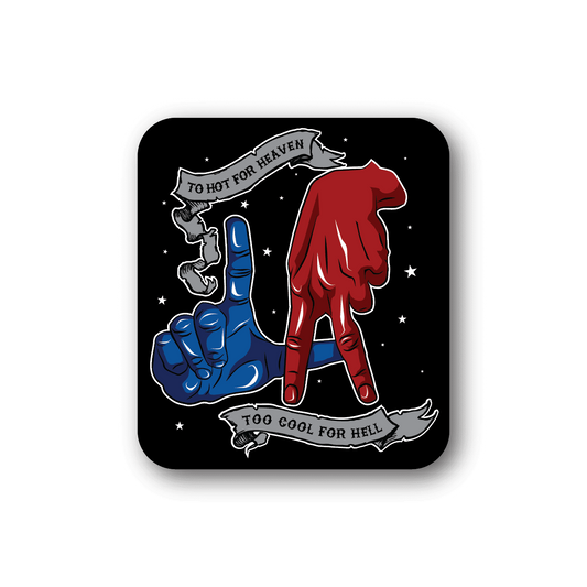 Vinyl sticker with red and blue cartoon hands, ribbon text, star accents