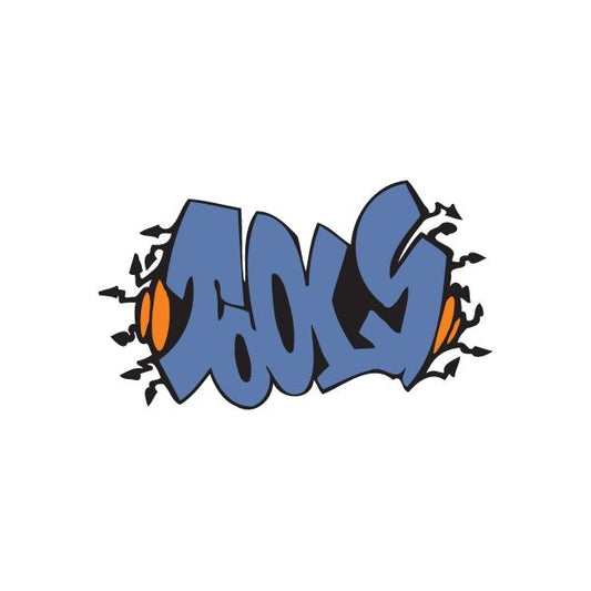 Graffiti sticker with blue spray-letter design and orange highlights
