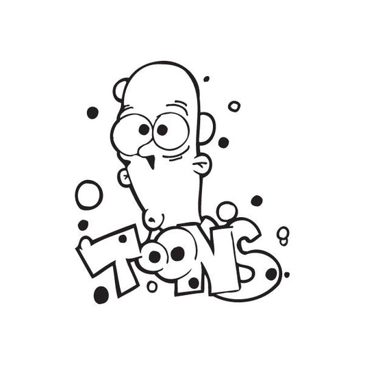 Cartoon graffiti decal of a bald character head with open mouth and scattered dots