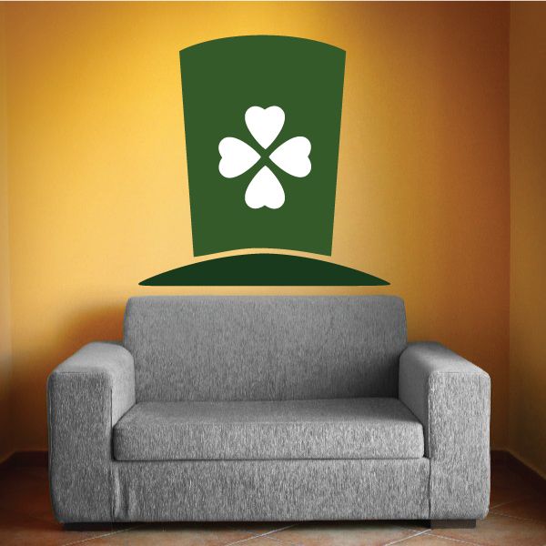 Green top hat decal with white 4-leaf clover, die-cut