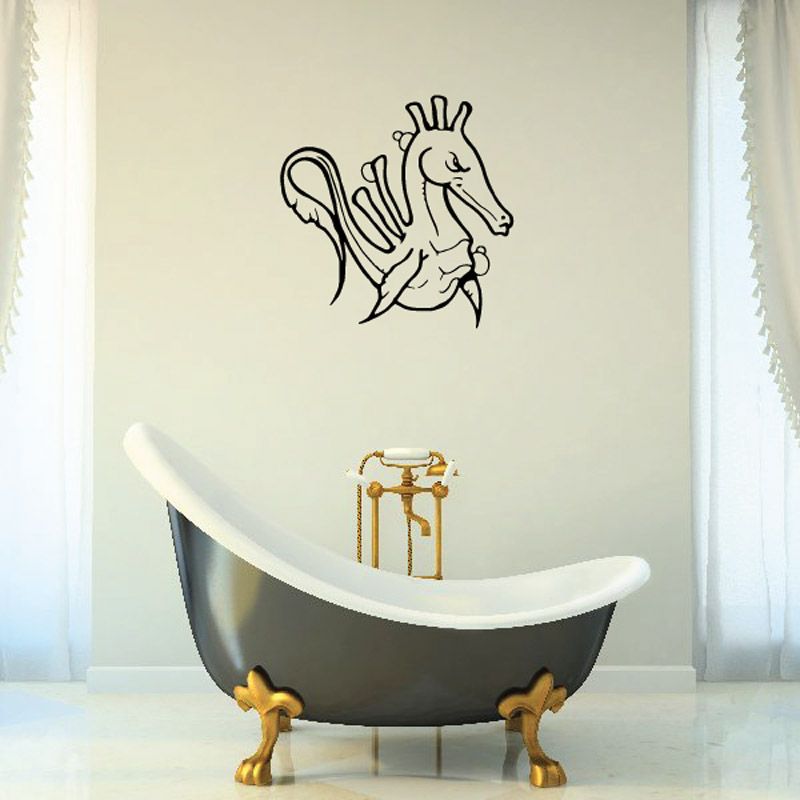 Tough seahorse decal, black line-art seahorse with curled tail
