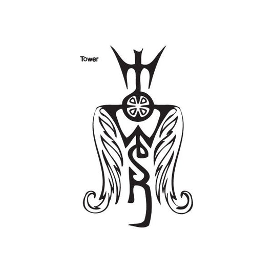 Black graffiti tower decal with crown-like top and abstract central symbol