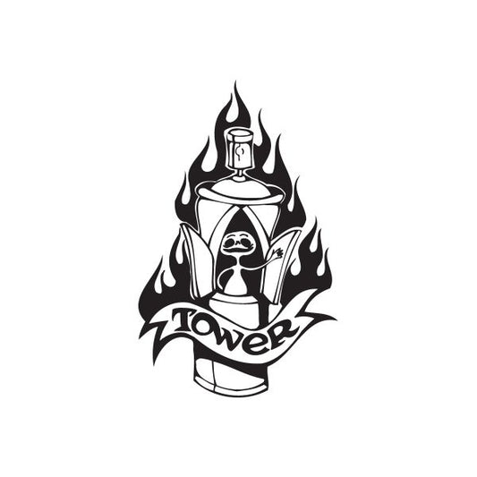 Tower spray paint can decal with flame torch logo, black
