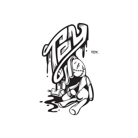 Graffiti-style toy decal with black-and-white cartoon mascot holding a ball