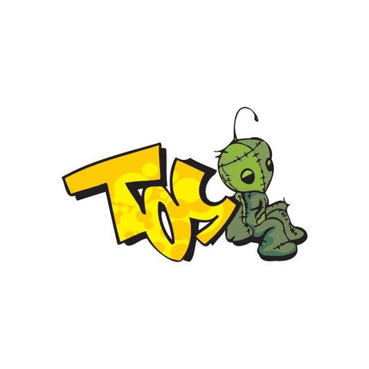 Graffiti-style sticker with yellow letters and a green alien figure