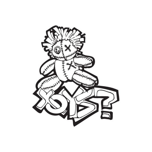 Graffiti decal with black-and-white cartoon character holding graffiti letters