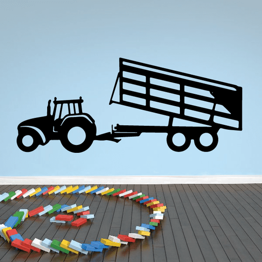Tractor and dumping trailer decal, black outline with white detail panels
