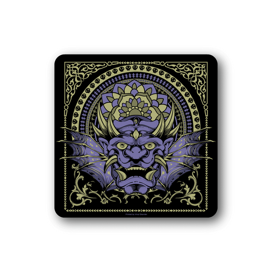 Square vinyl sticker with ornate purple and gold face mask design, decorative border.