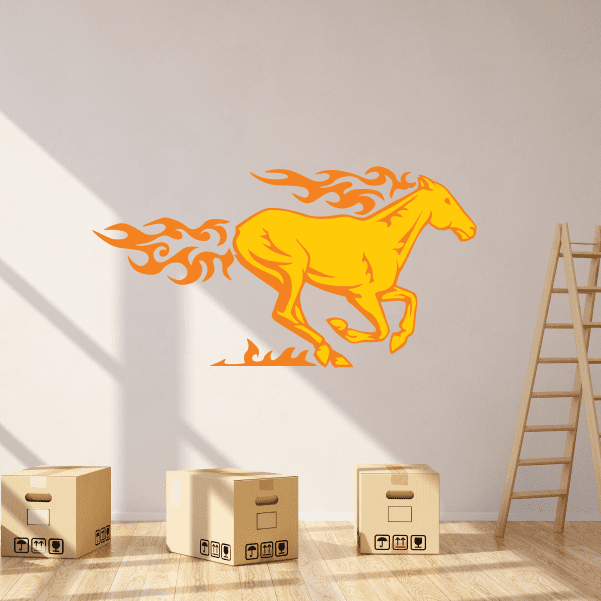 Orange blazing horse sticker with flame mane and swirling fire tail