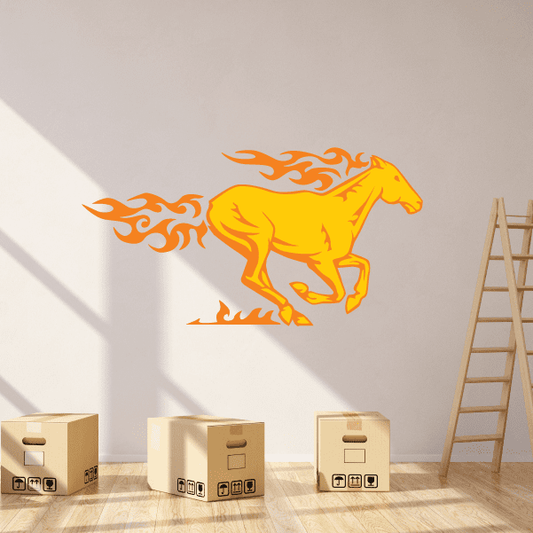 Orange blazing horse sticker with flame mane and swirling fire tail