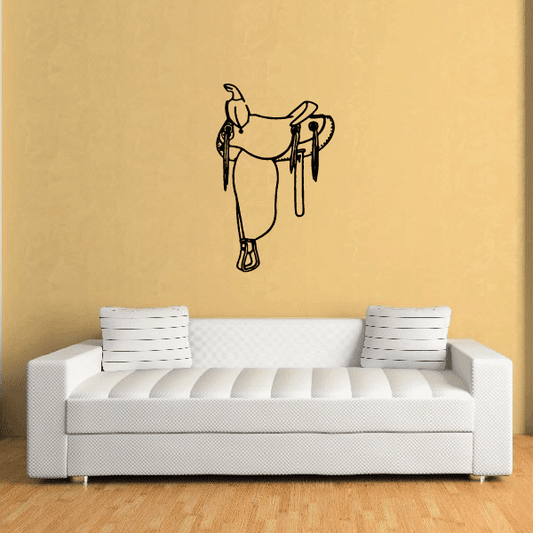 Horse saddle decal with black line-art design on a light background