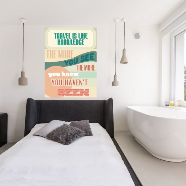Colorful square quote sticker with travel text, teal green and orange blocks
