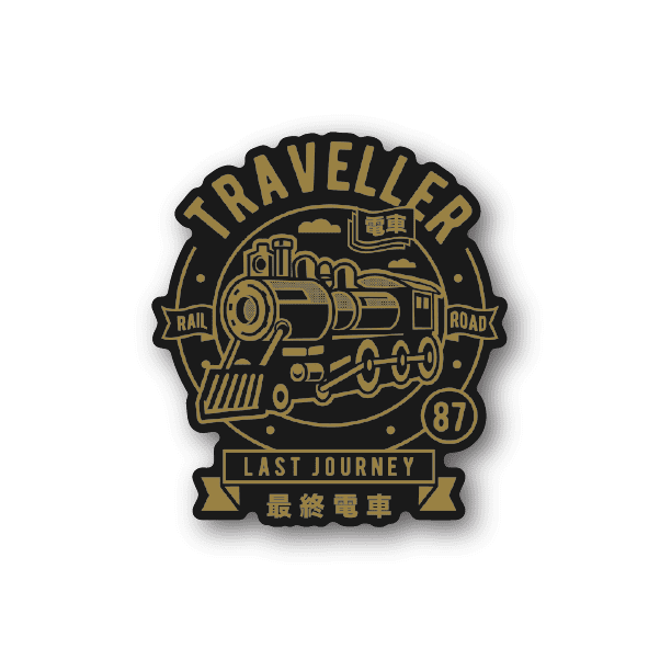 Rail road vinyl sticker with gold locomotive graphic and 'Last Journey' text.