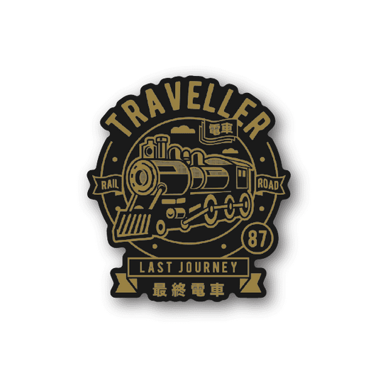 Rail road vinyl sticker with gold locomotive graphic and 'Last Journey' text.