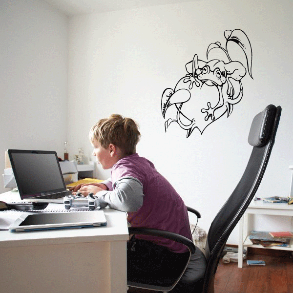 Tree frog on fruit wall decal, black line art sticker