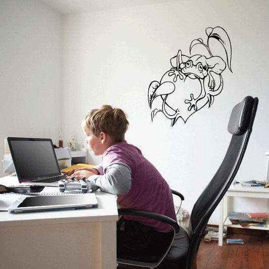Tree frog on fruit wall decal, black line art sticker
