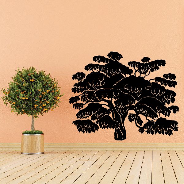 Black vinyl tree wall decal with ornate branches and multiple birds silhouette