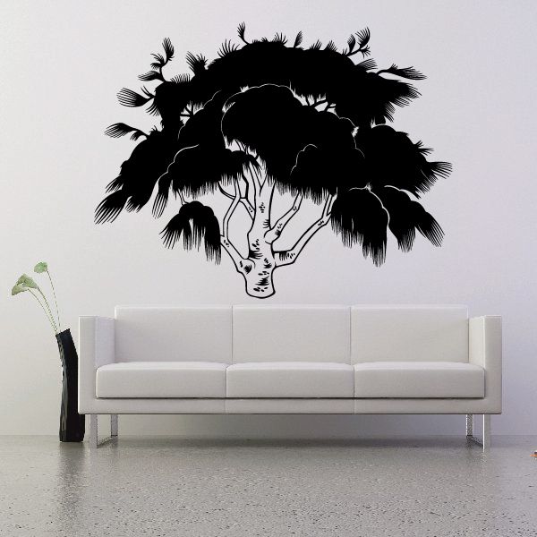Tree wall decal with black silhouette canopy and hanging branches