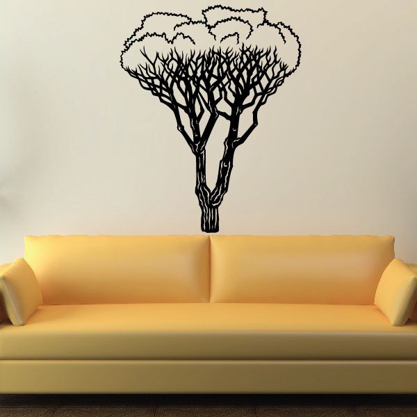Tree wall decal showing a dark tree silhouette with layered branches and trunks
