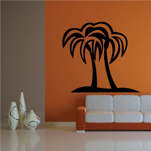 Palm tree wall decal vinyl, black silhouette with wide leaves and trunk.