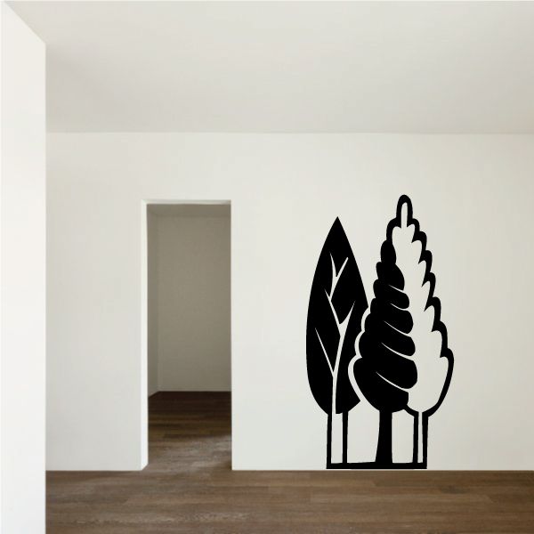 Tree wall vinyl decal, black silhouette of conifer trees on three stems
